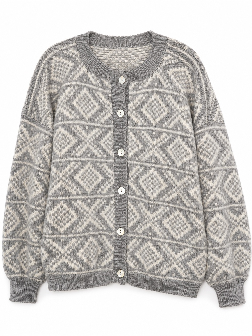 Hand knit chunky Fairisle Nordic light gray white button up cardigan sweater